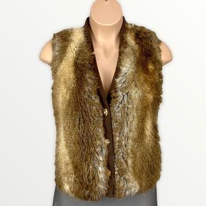 Ellen Tracy Womens Faux Fur Toggle Vest Brown Tan Soft Plush Teddy size Medium